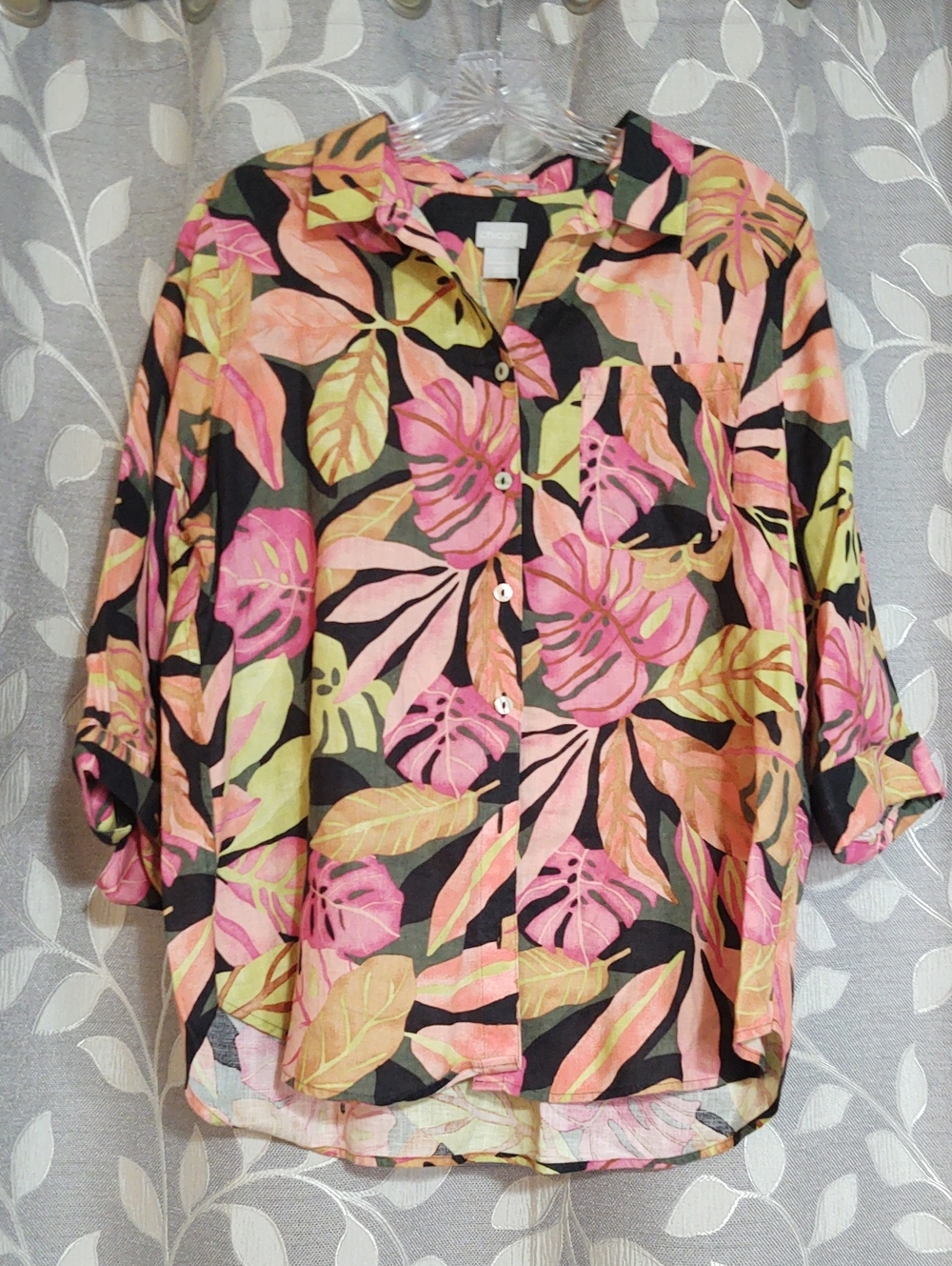 Chico's Linen Tropical Leaf Button-Down Shirt size 1